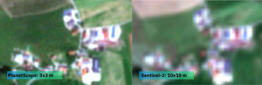 Obrázek 1: Porovnání kvality snímků - PlanetScope vs Sentinel-2 Obrázek 1: Porovnání kvality snímků - PlanetScope vs Sentinel-2